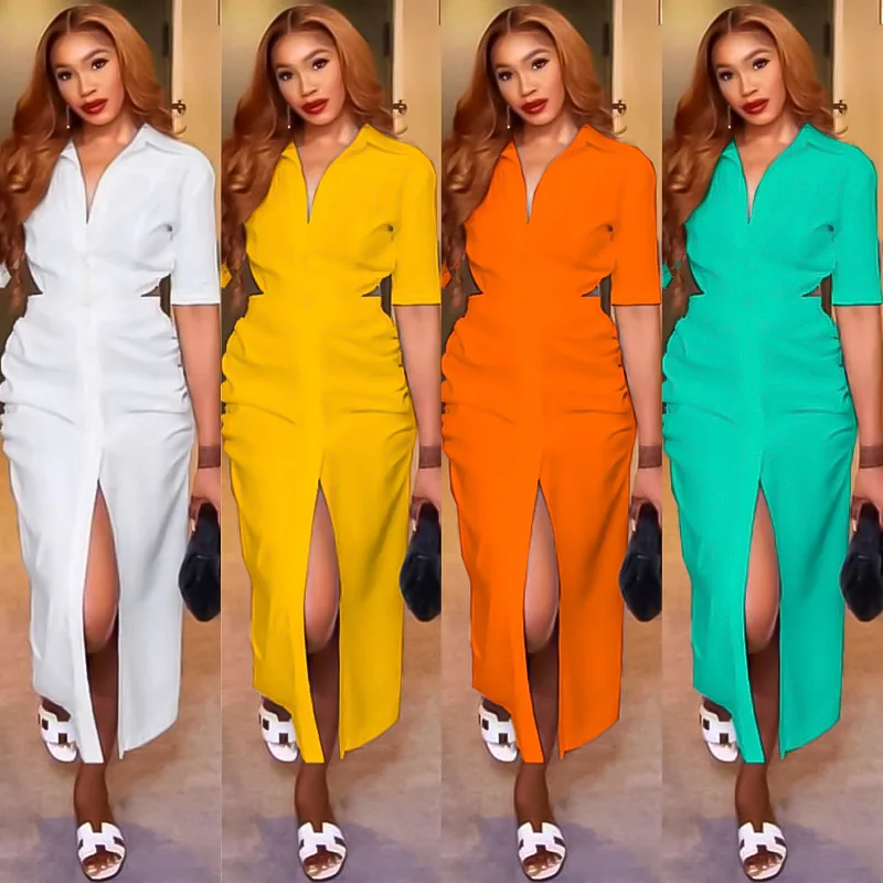 Купи Women's Dresses 2022 Summer New Large Size Solid Color Single Breasted Waist Hollow Lapel Shirt Dress Long Free Shipping за 2,296 рублей в магазине AliExpress