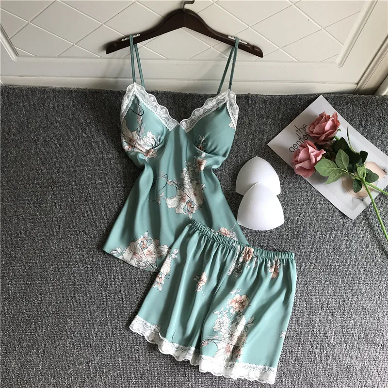 Women's Sleepwear 2 Pcs Sets Tops+Shorts Floral Printed Sexy Lace Satin Sleeveless V-neck Pyjama Sets With Pads