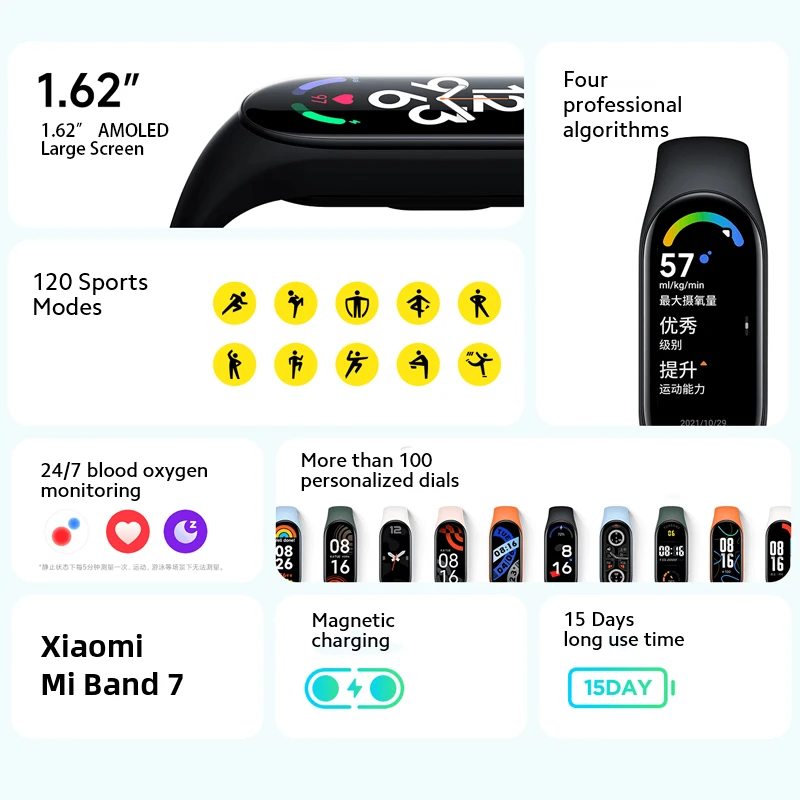 Смарт-браслет Xiaomi Mi Band 7 1 62 дюйма AMOLED 120 режимов SpO2 |