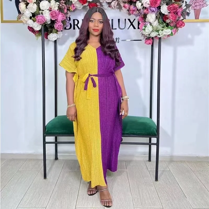 Плиссированная длинная юбка миаке Флуоресцентный цвет v-образный вырез рукава