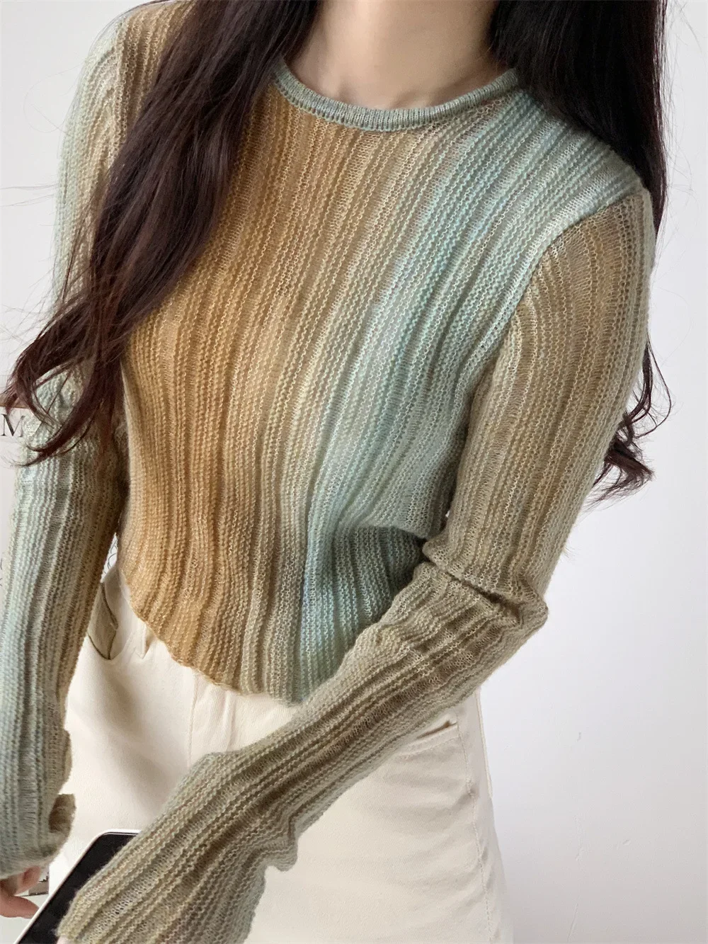 Ранняя осень 2023 укороченный вязаный топ для похудения пуловер с длинными