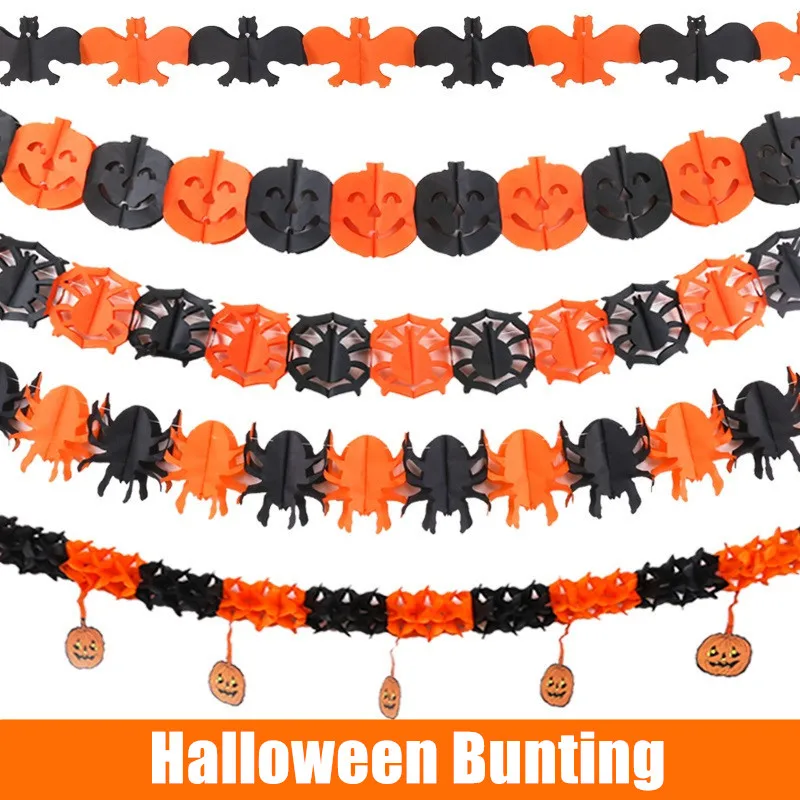 

3m Halloween Bunting Hanging Garland Bat Pumpkin Ghosts Spider Paper Banner Halloween Party Decorations Horror Props