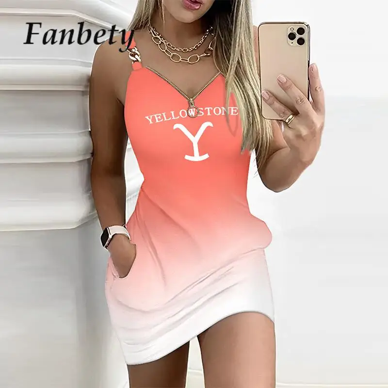 

Fashion Summer Gradient Color Straps Dress Casual Sleeveless Pocket Print Mini Dresses Women Sexy Zipper V-Neck Slim Party Dress