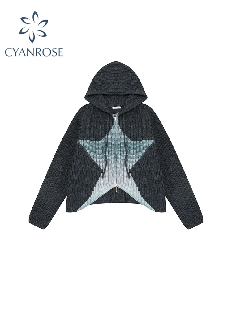 

Свитер с капюшоном, кардиган, женская Свободная трикотажная футболка со звездами, уличная одежда на молнии спереди, верхняя одежда с длинны...