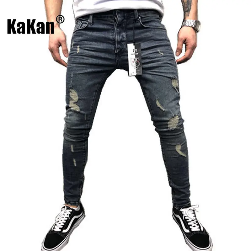 Kakan - European and American Distressed Jeans for Men's Wear, with Zippered Fit At The Hem and Small Leg Jeans K40-103