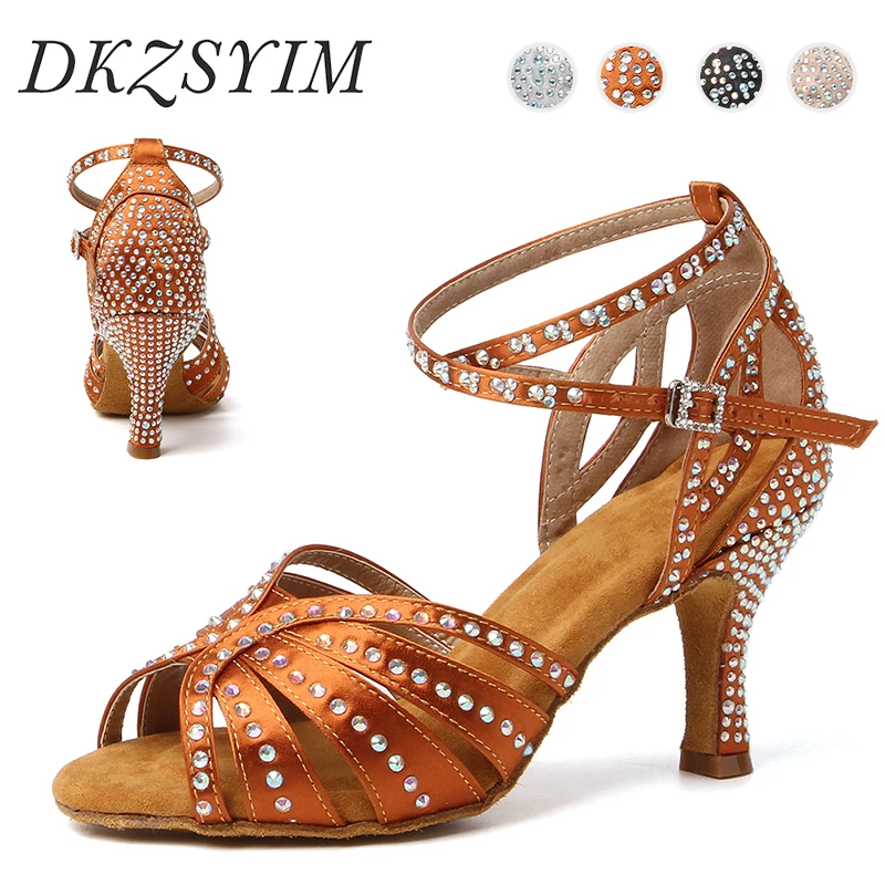 

DKZSYIM Rhinestone Women Latin Dance Shoes Satin Salas Ballroom High quality Dancing Shoes For Girls Cuba High Heel 5cm-8.5cm