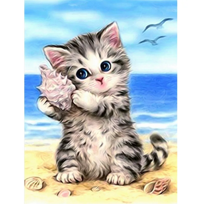 

5d Diamond Painting Cross Stitch Diamond Embroidered Animals Round Diamond Beach Cat Animal Diamond Embroidery Gifts
