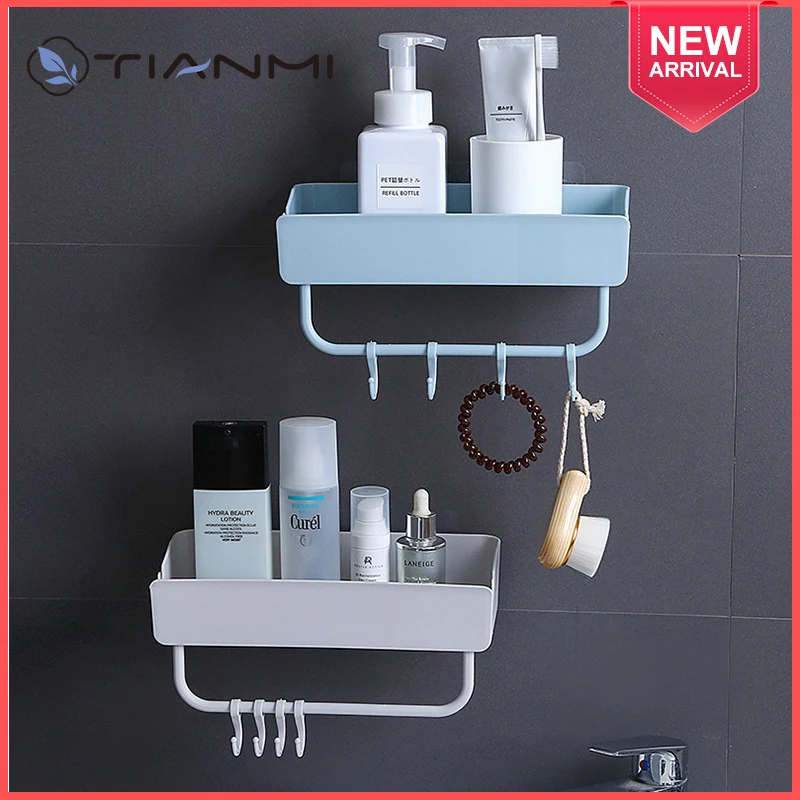 

TIANMI Wall-mounted Bathroom Shelf Shampoo Storage Rack For Kitchen With Hooks Drain Design Household Bathroom Accessories