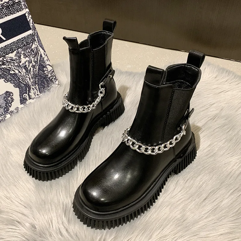 

Women Thick Sole Chelsea Short Boots Spring Autumn Single Leather Bottes 2021 New Chain Martin Boots British 4CM Heels Slip On