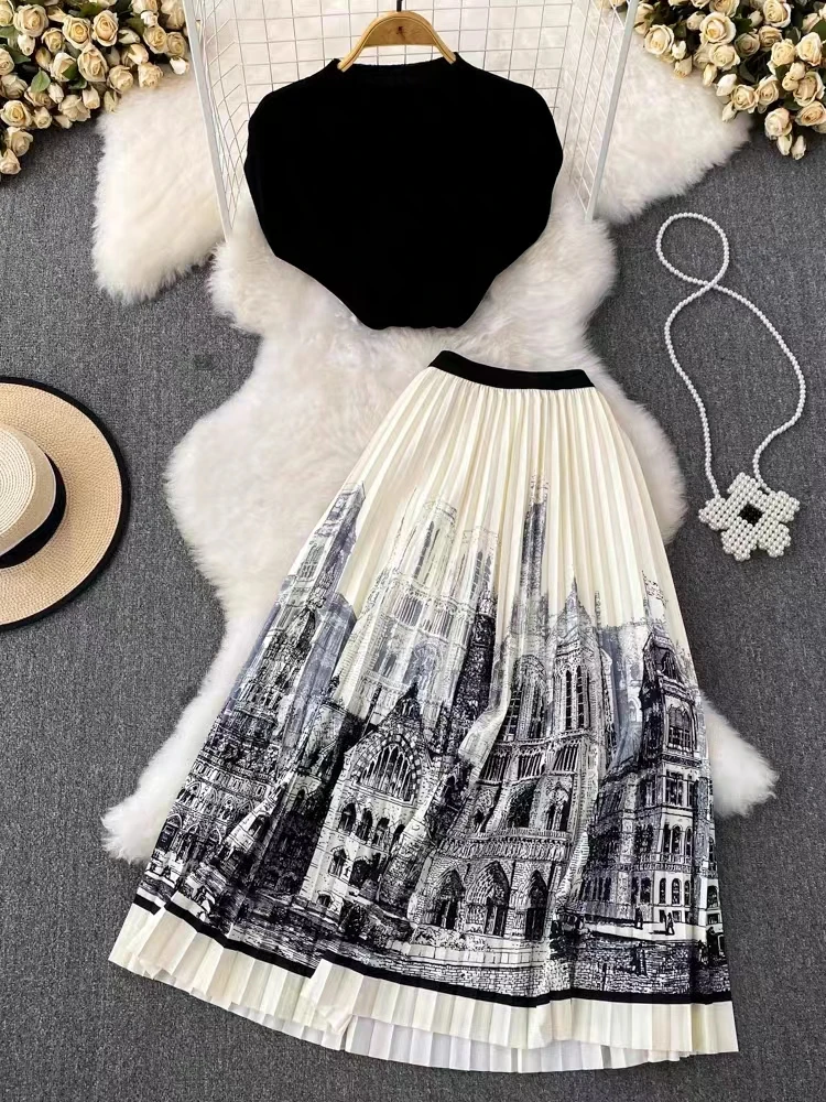 

Женский комплект из двух предметов, черная трикотажная нижняя рубашка с высокой талией и чернильным принтом, плиссированная юбка до локтя, летний комплект из двух предметов