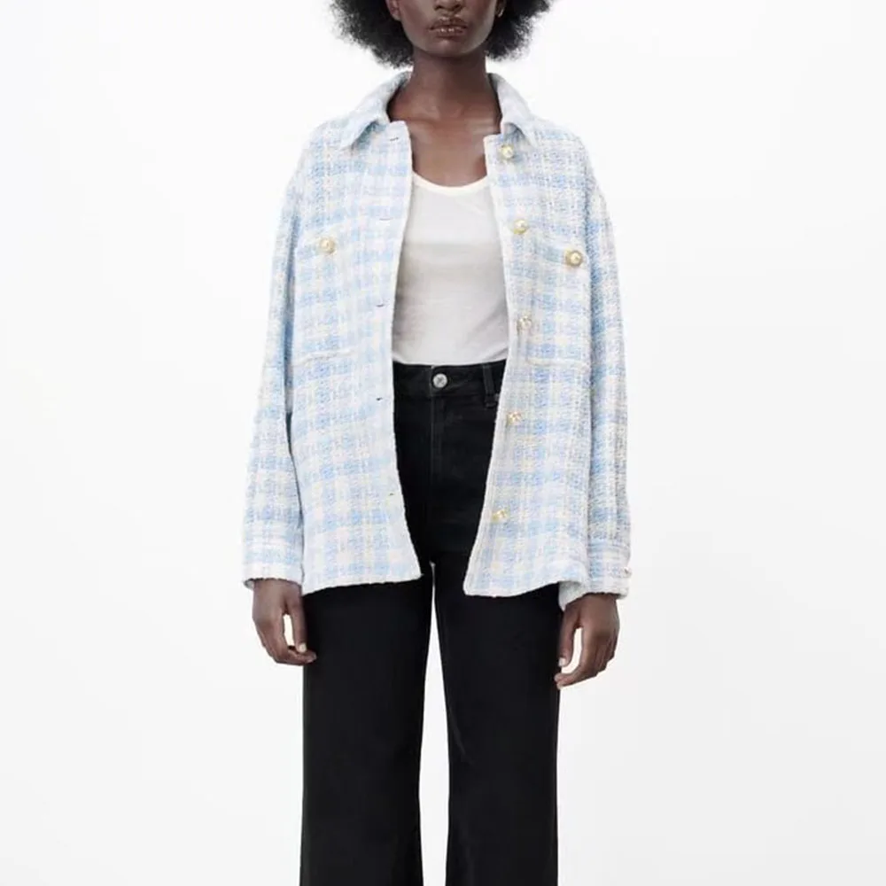 

Women's 2022 New Outerwear Fashion Plaid Textured Shirt Jacket Casual Pocket Retro Long Sleeve Button Female Chic Top Mujer
