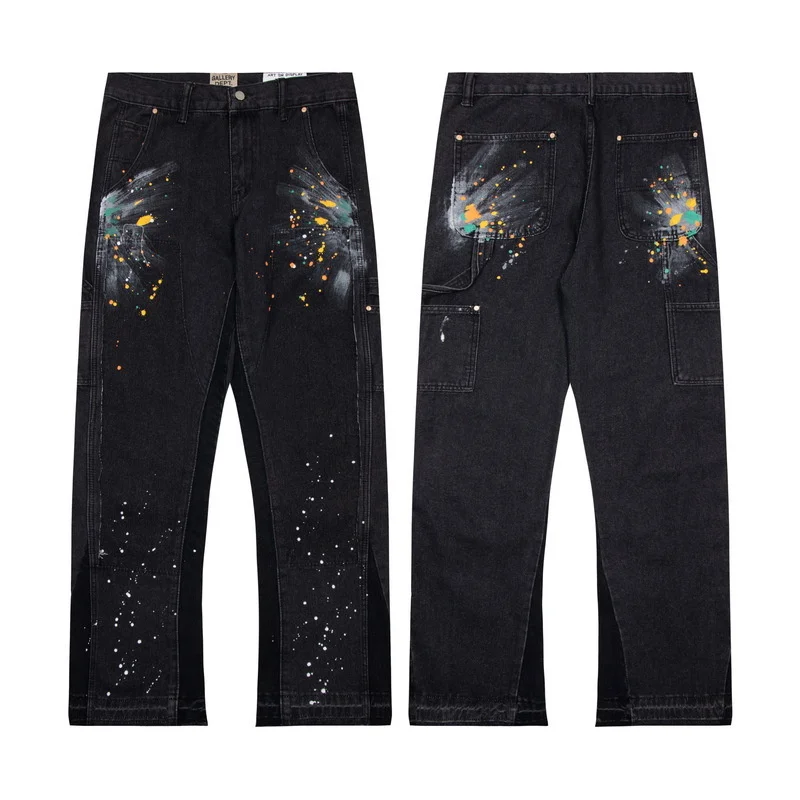 

GALLERY DEPT 2023 New Men And Women Patchwork Hip Hop Jeans Pants Streetwear Splash Ink Flared Destroyed Ripped Wide Leg Pants