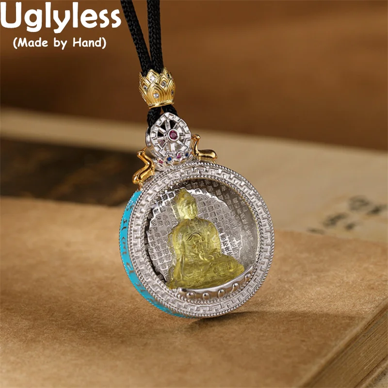 

Uglyless Spinning Back High-end Transparent Amber Buddha Pendants Necklaces for Women Infinity Rope Buddhism Jewelry 925 Silver