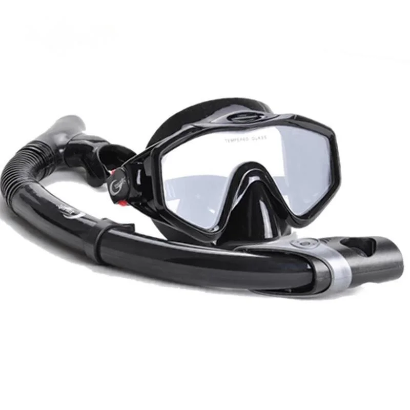 

Tempered Glass Professional Scuba Swimming Diving Mask Set + Dry Black Snorkel For Underwater Hunting