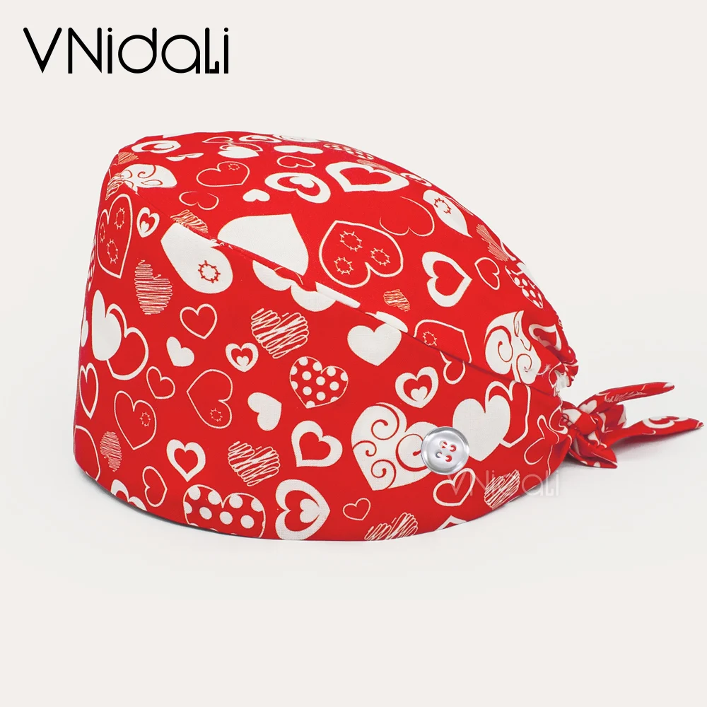 

red love Heart pattern balloon printing Adjustable Cotton Work Scrub Cap Bouffant Hat Head Scarf Pet Grooming Agency Scrubs Hats