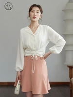 dushu slightly fat lady peter pan collar full lantern sleeve blouses patchwork cropped single row three button shirt office lady