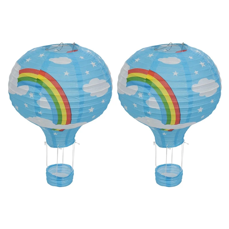 

2X 12Inch Hot Air Balloon Paper Lantern Lampshade Ceiling Light Wedding Party Decor, Blue Rainbow