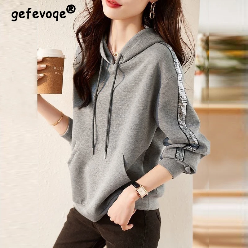 Женский свитшот с капюшоном Серый Повседневный Свободный пуловер длинными