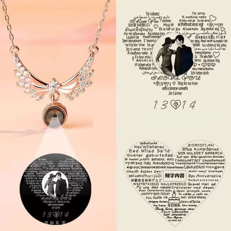 Custom Photo Projection Necklace Angel Wings Necklaces Customized Choker Jewelry Valentine's Day Christmas Fashion Elegant