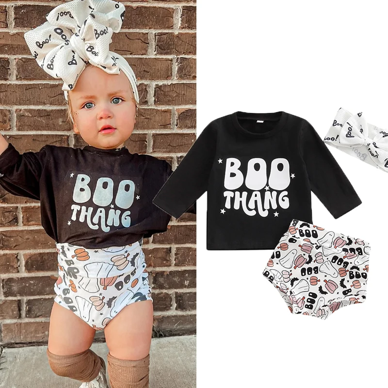 

2022-07-29 Lioraitiin 0-24M Infant Baby Girl 3Pcs Halloween Letter Print Long Sleeve T-Shirt Ghost Pumpkin Print Shorts Headband