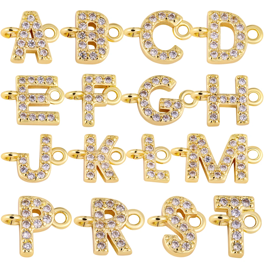 Фото Декоративные подвески-коннекторы Juya из меди с позолотой 18K, 2 петли, 26 букв алфавита, для создания украшений своими руками, именных кулонов и бижутерии. №1