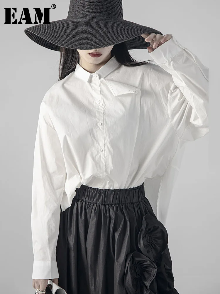 

[EAM] Women White Irregular Elegant Big Size Blouse New Lapel Long Sleeve Loose Fit Shirt Fashion Spring Autumn 2022 1DE7273