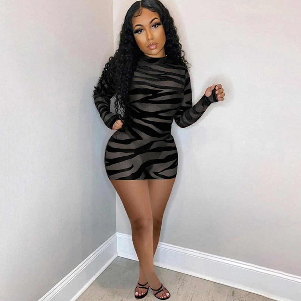 

Midnight Sexy Zebra Striped Print Skinny Dress Women Mock Neck Long Sleeve Pencil Dresses Streetwear Clubwear Party Robe Femme