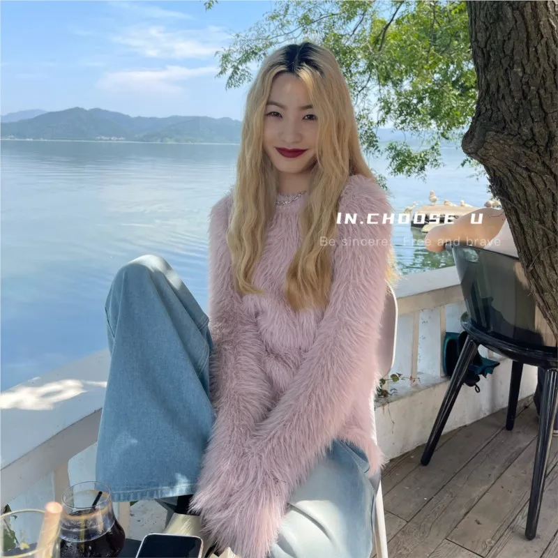 Faux Fur Mink Sweater Sweet Faux Mink Hairy Pullover Sweater Women O Neck Long Sleeve Loose Short Sweater Lady Casual Soft Warm