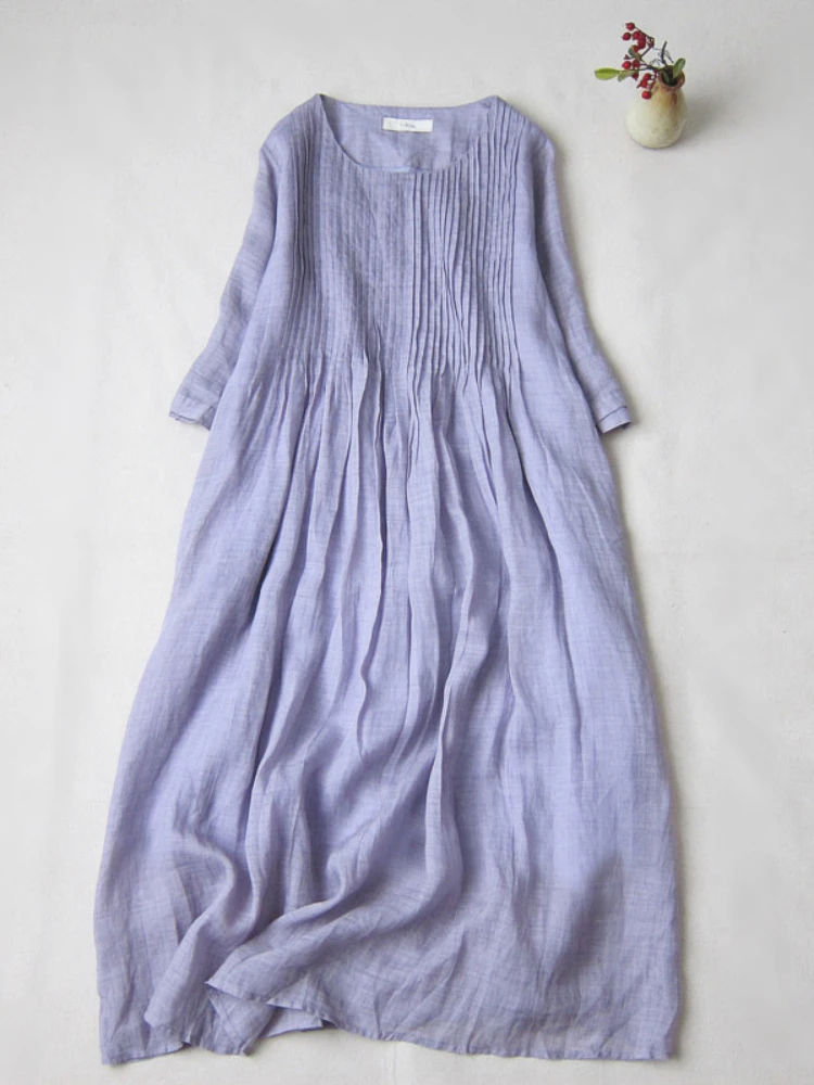 

2022 Summer New Women's Dress Literature and Art Mori Ramie Organ Pleated Mid-length Thin Robe Spring and Summer Linen Skirt