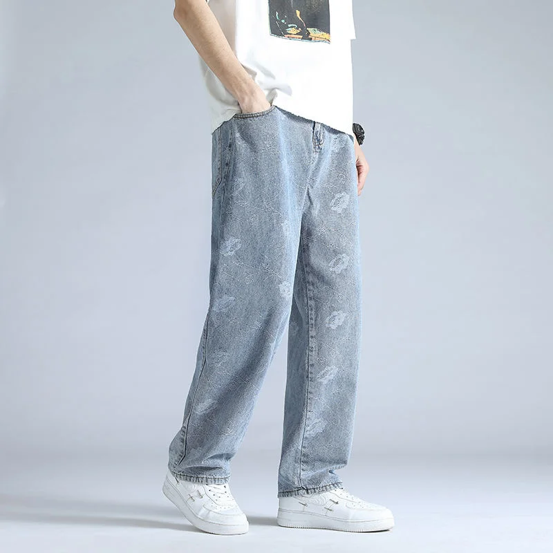 

Джинсы мужские с вышивкой, простые брюки с эффектом потертости, свободные прямые длинные брюки из денима с широкими штанинами, всесезонные