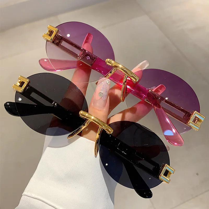 

Fashion Vintage Rimless Oval Sunglasses Women For Men Trendy Sun Glasses Punk Luxury Brand Designer Pink Shades Travel Eyeglass