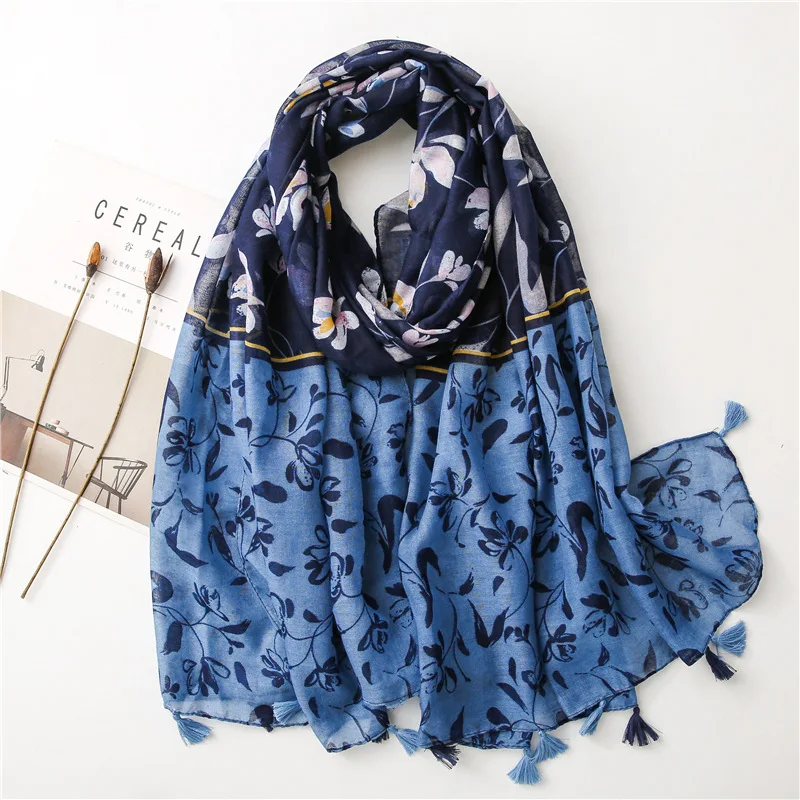 

Spring and Summer New Dark Blue and Light Blue Contrast Color Flower Tassel Cotton and Linen Scarf Shawl Women's Thin Fashion Si