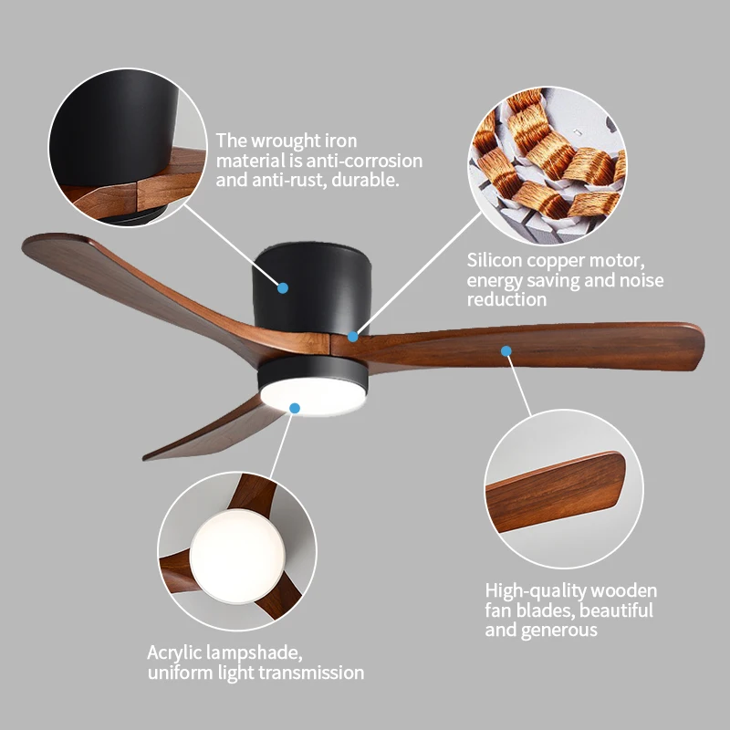 Скандинавский потолочный вентилятор из массива дерева 48 дюймов современный