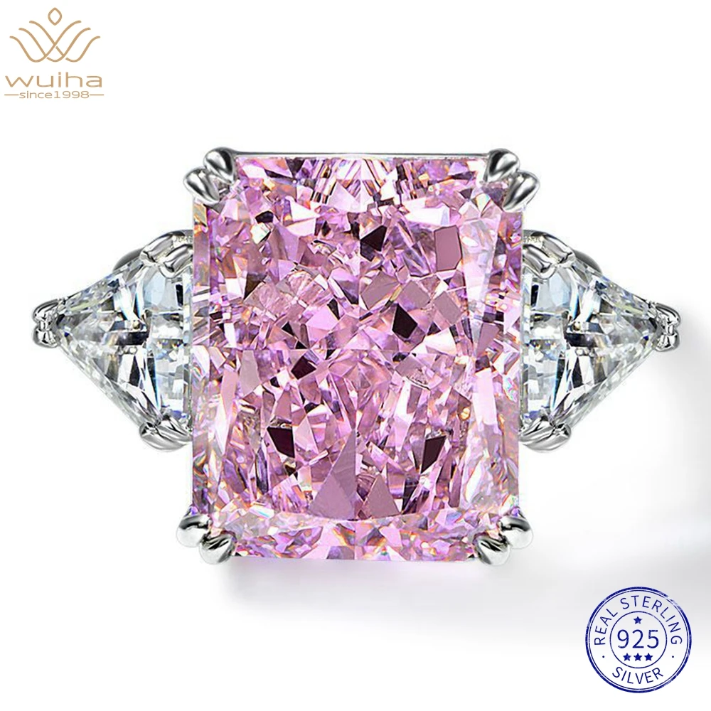 WUIHA Real 925 Sterling Silver Radiant Cut 30CT Fancy Vivid Pink Sapphire Sona Diamond Gemstone Ring for Women Gift DropShipping