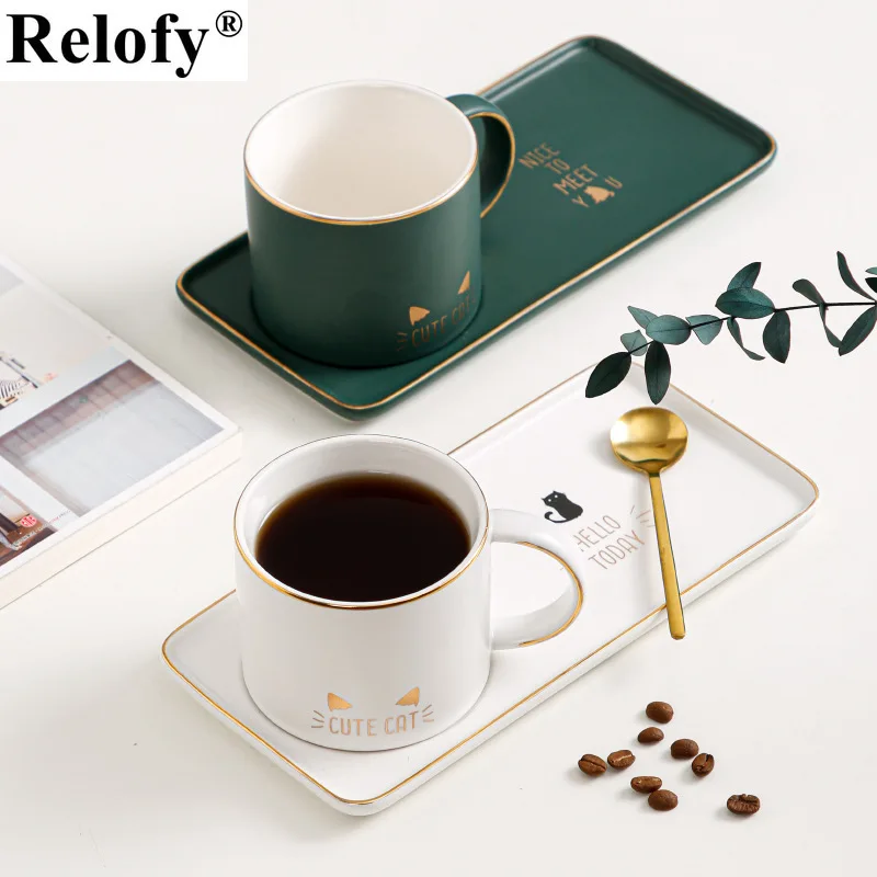 

330ml Gift Package Ceramic Coffee Mug with Spoon and Plate Creative Lovers Coffee Mugs Famliy Breakfast Milk Juice Cup Drinkware