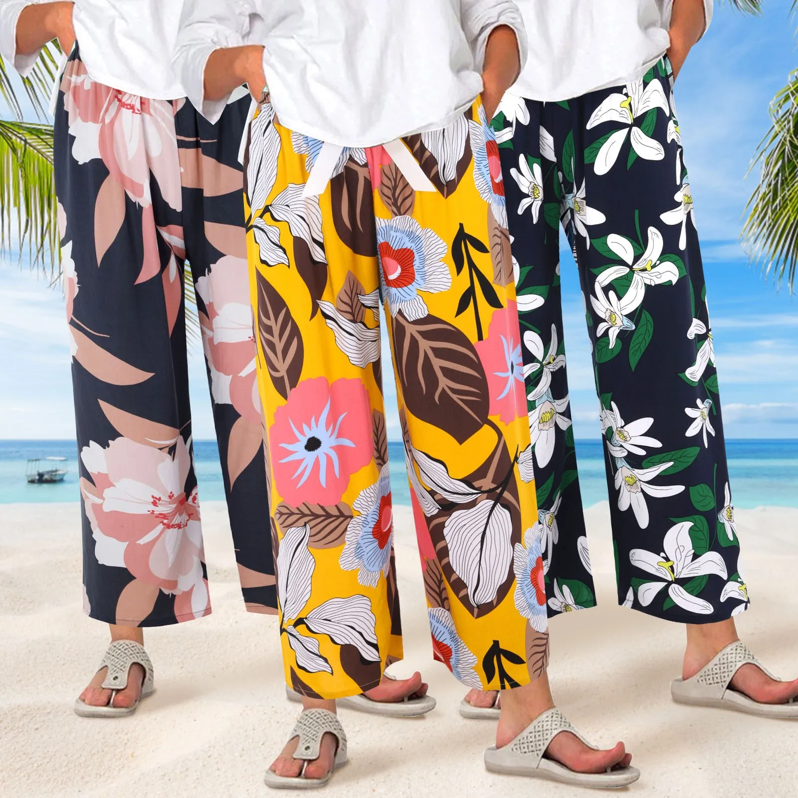 

Женские широкие брюки с эластичным поясом и цветочным принтом, удобные богемные брюки, длинные брюки в стиле бохо, винтажные домашние штаны