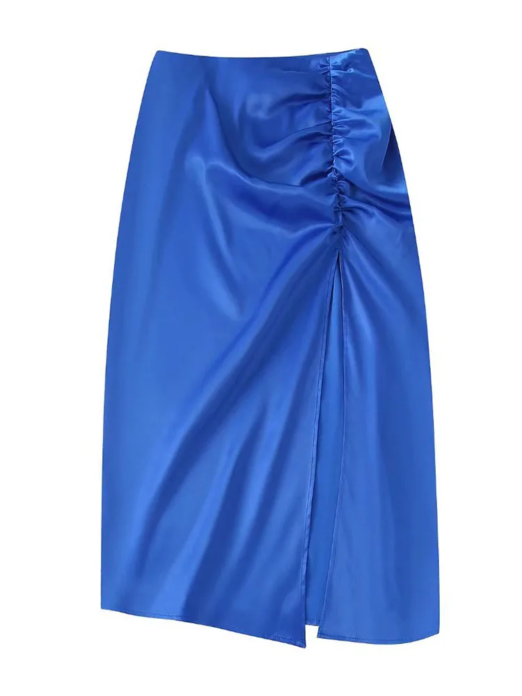 

BBWM 2022 Новая Женская Летняя шелковая юбка, элегантная женская плиссированная синяя юбка с разрезом спереди