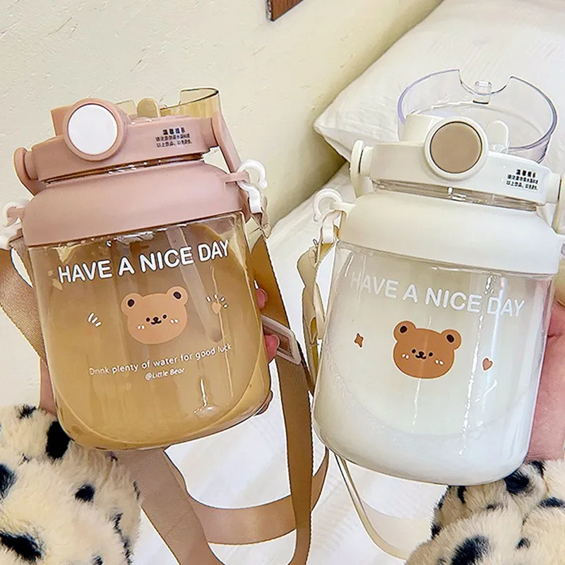 

1300ml Straw Sports Water Bottle Summer Girls Large Capacity Water Bottle Portable Cute Bear Backpack Double Drinking Cup