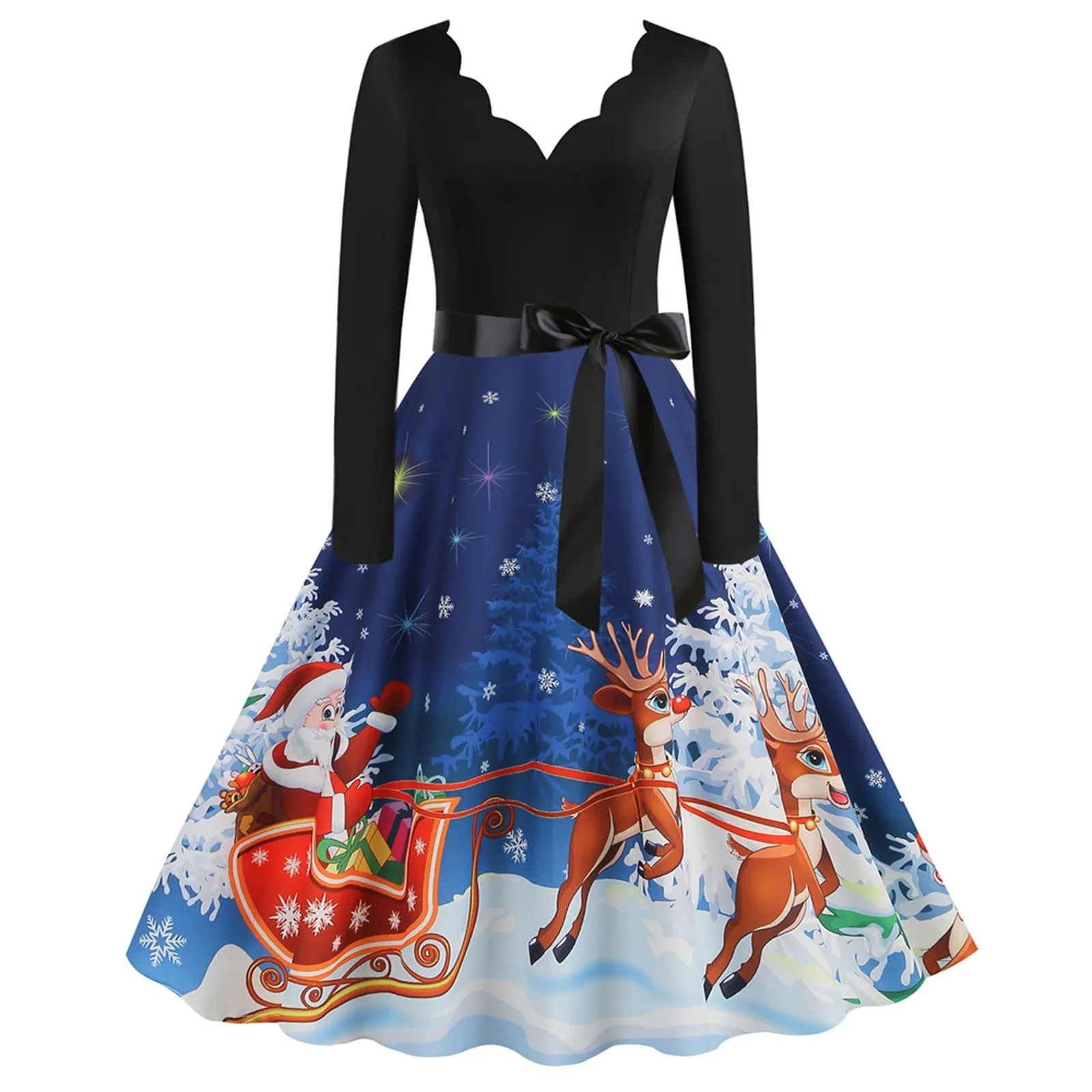 

Christmas Womens Long Sleeve V Neck Printed Vintage Party Fit Dress Patchwork Cocktail Zipper Midi Summer Dresses for Women