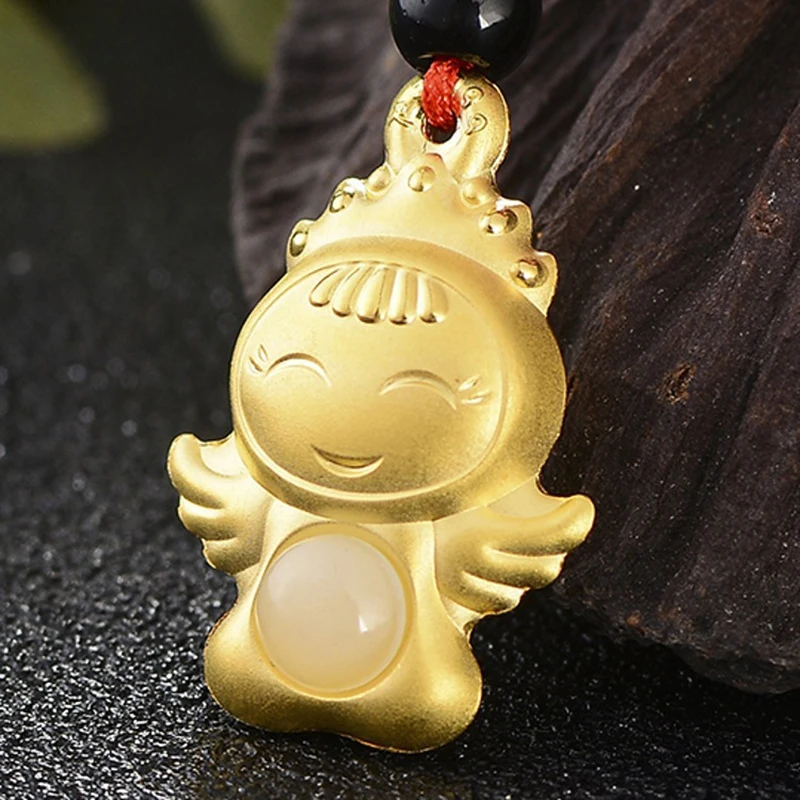 

1pcs Real Hetian Jade Pendant For Women 3D Hard Gold Lucky Angel Small Pendants 24*18mm