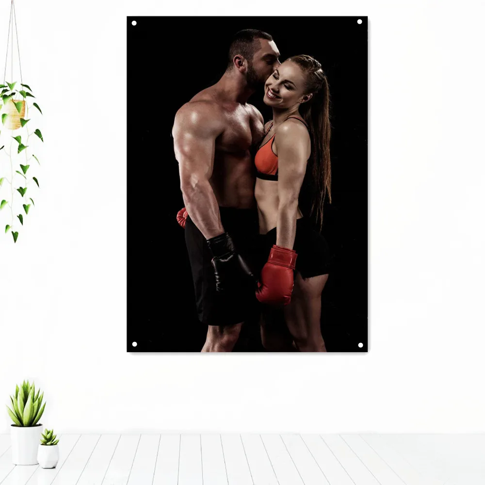 

Couple Boxer Physical Exercise Decorative Banner Flag Boxing Muay Thai Kickboxing Training Poster Wall Hanging Gym Decoration