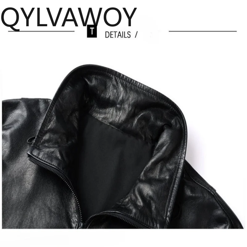 Фото Мужская куртка QYLVAWOY из натуральной козьей кожи, повседневная, свободного кроя, с отложным воротником, высококачественная короткая куртка для весны и осени №5