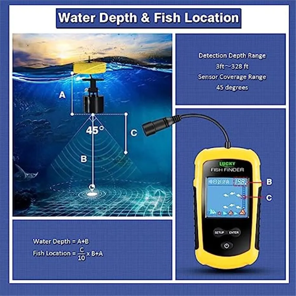 

100M Portable Sonar Fish Finders 45 Degrees Sonar Coverage Echo Sounder Alarm Transducer Lake Sea Fishing Echo Sounder