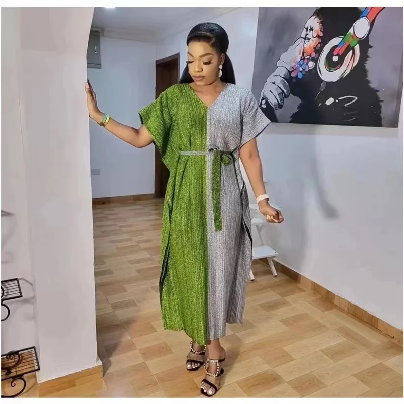 Плиссированная длинная юбка миаке Флуоресцентный цвет v-образный вырез рукава