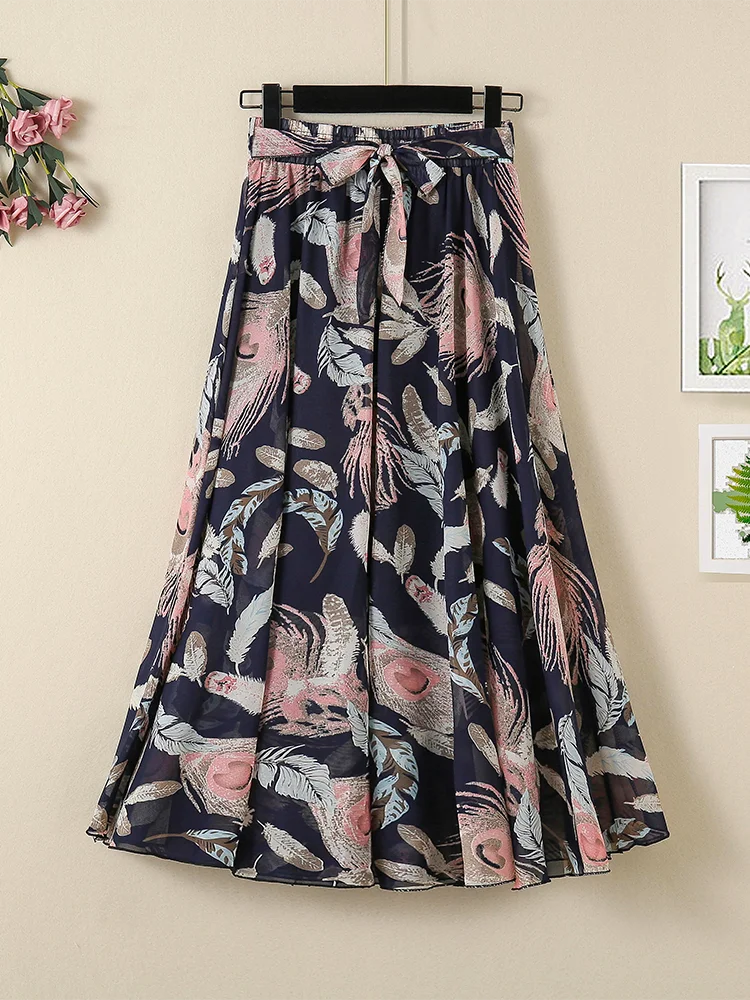 

Bohemian Skirt Female Korean Chiffon Printing A-line Knee-Length Skirt Spring Summer High Waist Leisure Vacation Skirts Womens