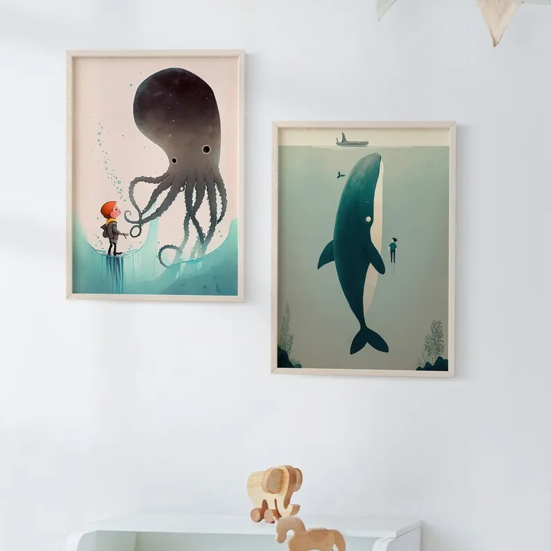 Абстрактный и минималистичный постер с иллюстрацией морской рыбы Кит осьминог