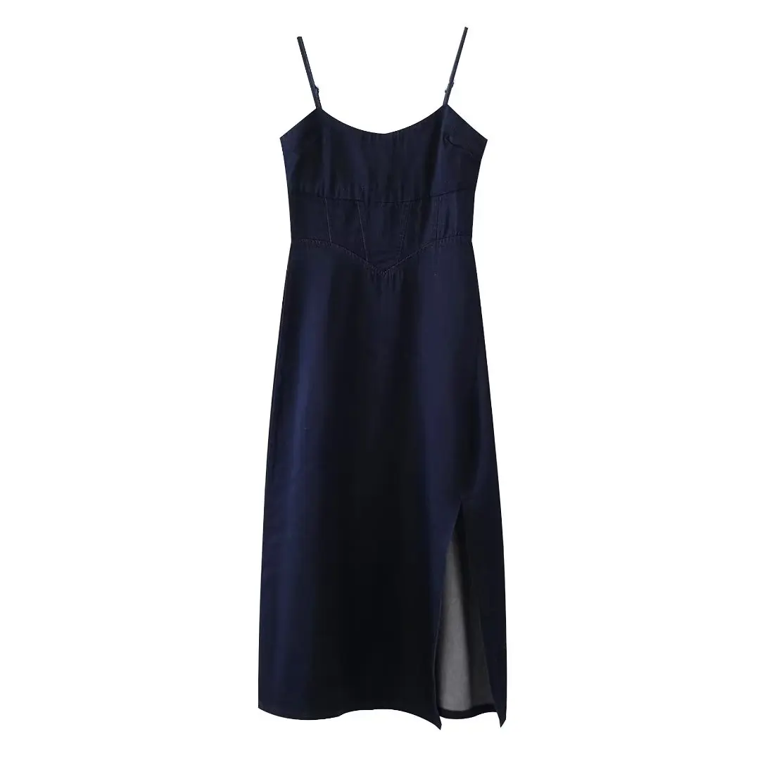 

Women 2023 New Chic Fashion Summer Denim Sling Midi Dress Vintage Backless Thin Straps Zipper Female Dresses Mujer
