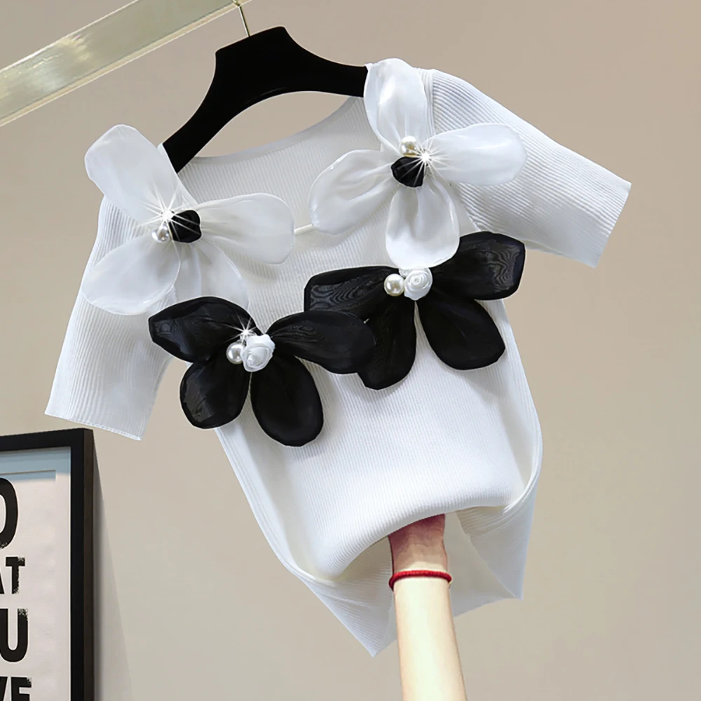 

Summer Diamond Pearl Flower Women's Sweater Fashion Slim Appliques Knit Top Patchwork White Black O-Neck Short Sleeve Pullover
