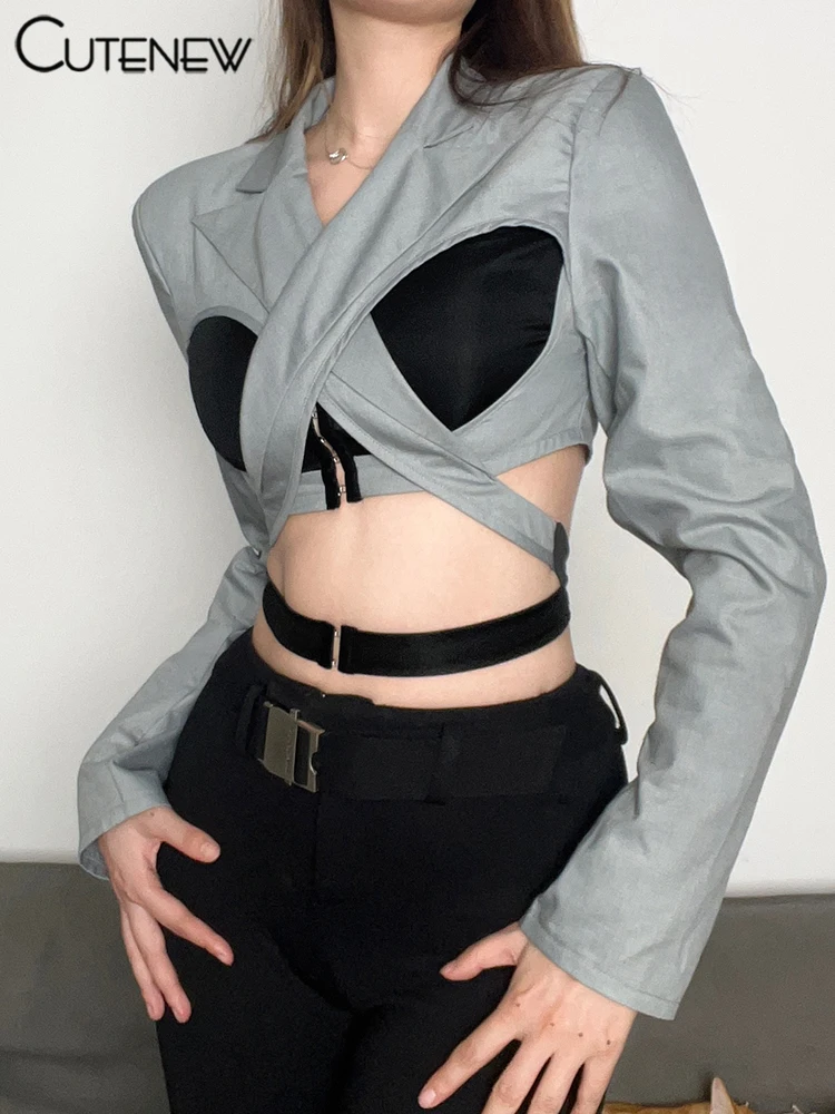 

Женская комбинированная однобортная рубашка Cutenew, серый топ с длинным рукавом, отложным воротником и вырезами, на шнуровке, уличная одежда, новинка на осень 2022