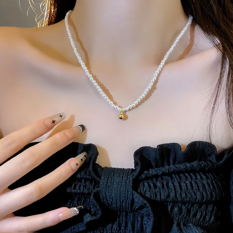 South korea Small Necklace Women Choker Light Luxury New Cool GIRL'S Design Gold Ball Pearl Accessories